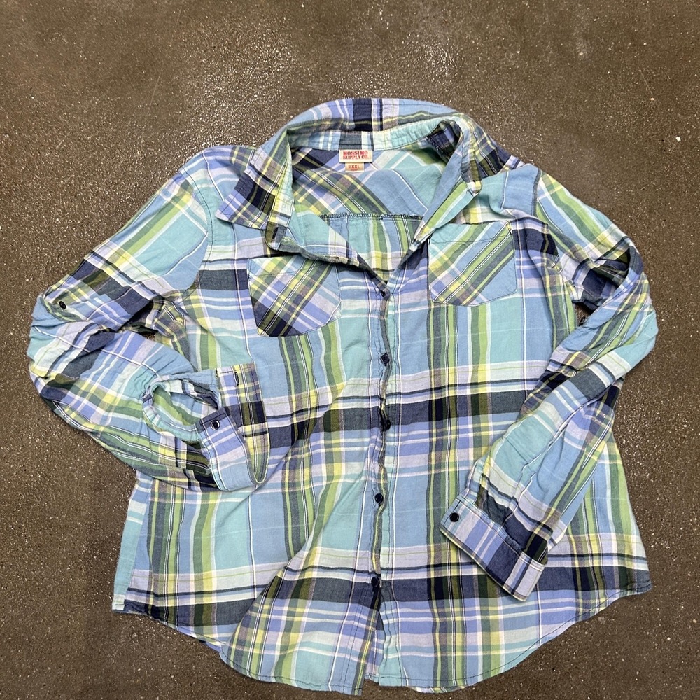 Mossimo‎ Supply Co Shirt Teens 2XL Blue Green Plaid Long Sleeve Button Up Casual